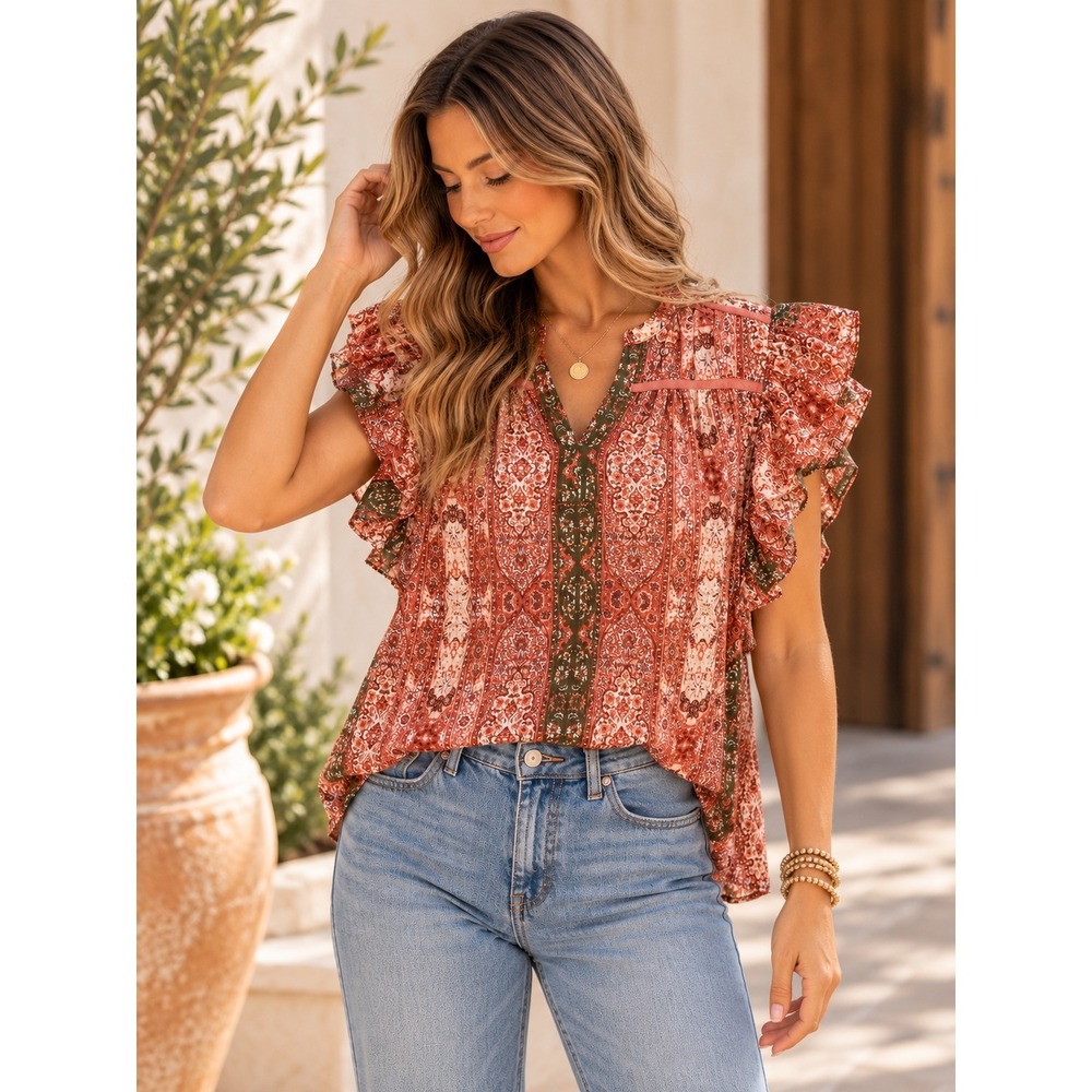Good Hart Boho Paisley Ruffle Sleeve Blouse Women's M Rust Olive Cottagecore